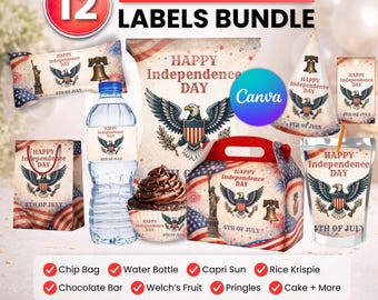 Paquete de recuerdos para fiestas del Día de la Independencia de Estados Unidos, decoración para fiestas del Día de la Independencia de Estados Unidos, decoración de cumpleaños, bolsa de papas fritas, etiqueta para botella de agua, 4 de julio