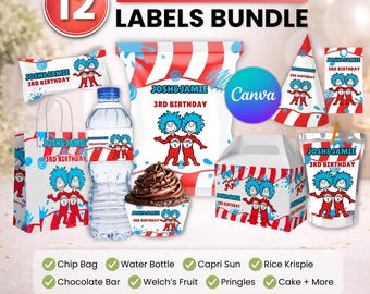 Paquete de recuerdos para fiestas Thing1 Thing2, decoración para fiestas Thing1 Thing2, decoración de cumpleaños, bolsa para papas fritas, etiqueta para botella de agua, envoltorio de chocolate, etiqueta Caprisun
