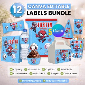 Spider man Party favor bundle, Spider man Party Decor, Birthday Decor, Chip bag, Water bottle label, Chocolate Wrapper, Caprisun Label