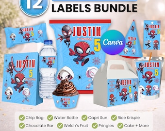 Paquete de recuerdos de fiesta de Spider-Man, decoración de fiesta de Spider-Man, decoración de cumpleaños, bolsa de papas fritas, etiqueta para botella de agua, envoltorio de chocolate, etiqueta Caprisun