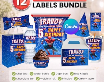 Spider man Party favor bundle, Spider man Party Decor, Birthday Decor, Chip bag, Water bottle label, Chocolate Wrapper, Caprisun Label