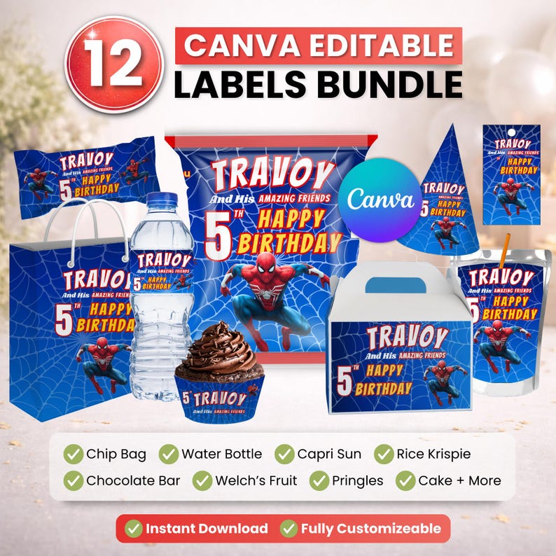 Puede incluir: Un paquete de 12 etiquetas editables de Canva para una fiesta de 5&ordm; cumplea&ntilde;os, con tem&aacute;tica de Spider-Man. Incluye etiquetas para bolsas de patatas fritas, botellas de agua, Capri Suns y m&aacute;s. Descarga instant&aacute;nea.