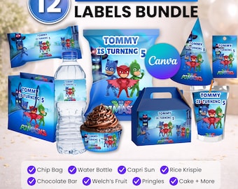 Paquete de recuerdos para fiestas de PJ Masks, decoración para fiestas de PJ Masks, decoración de cumpleaños, bolsa de papas fritas, etiqueta para botella de agua, envoltorio de chocolate, etiqueta para Capri-Sun.