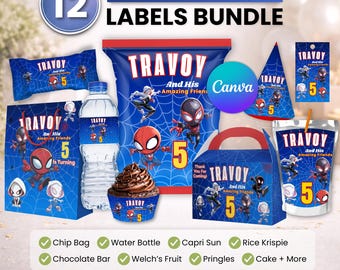 Paquete de regalos de fiesta de Spidey y sus amigos, decoración de fiesta, decoración de cumpleaños, bolsa de papas fritas, etiqueta para botella de agua, envoltorio de chocolate, etiqueta Caprisun