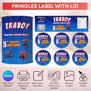 Puede incluir: Un conjunto de etiquetas Pringles con tem&aacute;tica de cumplea&ntilde;os en azul y rojo con el nombre "Travoy" y el texto "Feliz 5&ordm; Cumplea&ntilde;os". El dise&ntilde;o incluye gr&aacute;ficos de Spider-Man y un fondo de telara&ntilde;a. Incluye una etiqueta para la lata de Pringles y pegatinas redondas.