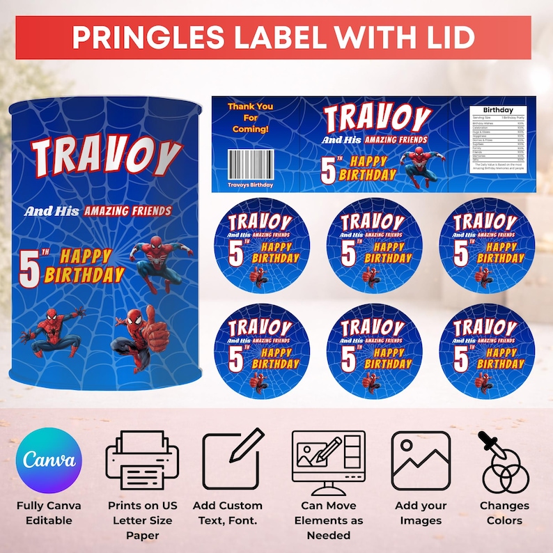 Puede incluir: Un conjunto de etiquetas Pringles con tem&aacute;tica de cumplea&ntilde;os en azul y rojo con el nombre "Travoy" y el texto "Feliz 5&ordm; Cumplea&ntilde;os". El dise&ntilde;o incluye gr&aacute;ficos de Spider-Man y un fondo de telara&ntilde;a. Incluye una etiqueta para la lata de Pringles y pegatinas redondas.