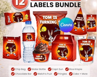 Paquete de recuerdos para fiestas de Looney Tunes, decoración para fiestas de Looney Tunes, decoración de cumpleaños, bolsa de papas fritas, etiqueta para botella de agua, envoltorio de chocolate, etiqueta para Capri-Sun