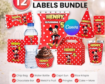 Paquete de recuerdos para fiestas de Mickey Mouse, decoración para fiestas de Mickey Mouse, decoración de cumpleaños, bolsa de papas fritas, etiqueta para botella de agua, envoltorio de chocolate, etiqueta para Capri-Sun