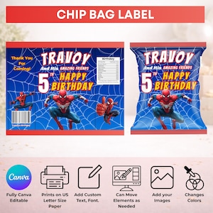 Puede incluir: Etiqueta de bolsa de patatas fritas azul con tem&aacute;tica de Spider-Man. La etiqueta dice "TRAVOY And His AMAZING FRIENDS 5th HAPPY BIRTHDAY". El dise&ntilde;o incluye ilustraciones de Spider-Man y un fondo de telara&ntilde;a. La pancarta superior dice "CHIP BAG LABEL".