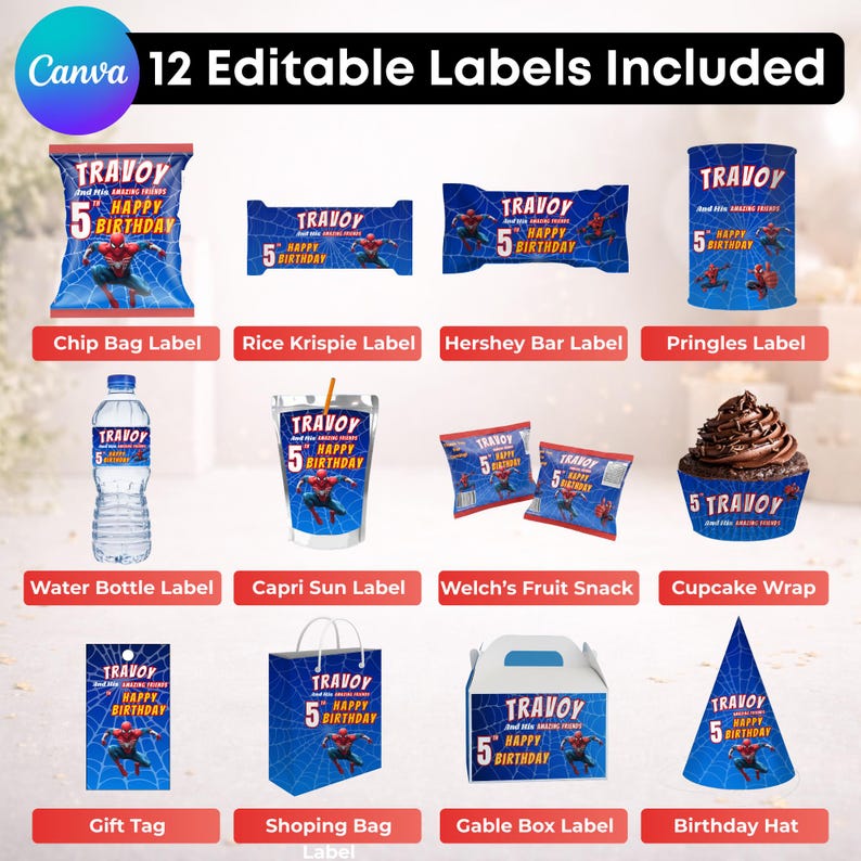 Puede incluir: Un conjunto de 12 etiquetas editables con tem&aacute;tica de Spider-Man. Incluye etiquetas para bolsas de patatas fritas, barritas de arroz inflado, barritas Hershey, Pringles, botellas de agua, Capri Sun, snacks de frutas, envoltorios de cupcakes, etiquetas de regalo, bolsas de la compra, cajas y sombreros de cumplea&ntilde;os.