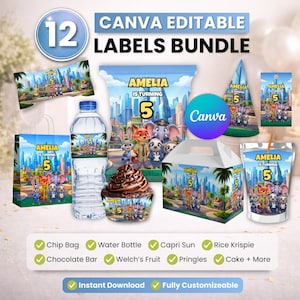 May include: A selection of Canva editable labels for a birthday celebration. The labels include chip bags, water bottles, Capri Suns, and more. The labels feature the text "AMELIA IS TURNING 5" and cartoon characters.
