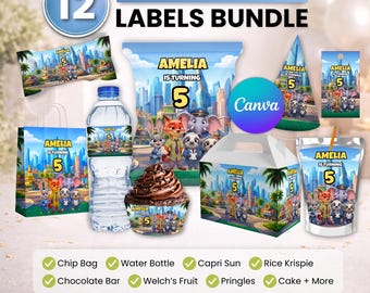Paquete de recuerdos de fiesta de Zootopia, decoración de fiesta de Zootopia, decoración de cumpleaños, bolsa de papas fritas, etiqueta para botella de agua, envoltorio de chocolate, etiqueta Caprisun