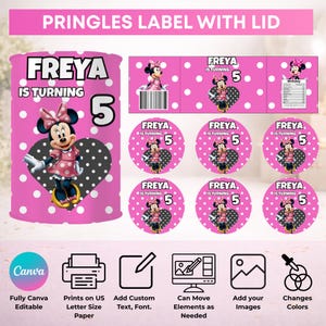 May include: A pink Pringles label with a Minnie Mouse theme. The label says "FREYA IS TURNING 5" and features Minnie Mouse. Includes matching round stickers and a label for the lid. The design is fully editable.