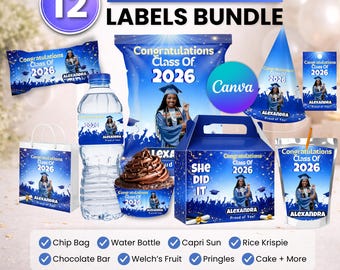 Paquete de recuerdos para fiesta de graduación, decoración para fiesta de graduación, decoración de cumpleaños, bolsa de papas fritas, etiqueta para botella de agua, envoltorio de chocolate, etiqueta para Caprisun