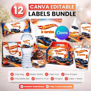 Könnte beinhalten: Ein Bundle von 12 Canva-editierbaren Etiketten für eine Geburtstagsfeier. Die Etiketten zeigen ein Rennwagen-Thema mit dem Text "Theodore wird 5". Enthält Etiketten für Chipstüten, Wasserflaschen und mehr. Vollständig anpassbar.