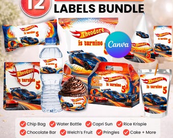 Paquete de recuerdos para fiestas de Hot Wheels, decoración para fiestas de Hot Wheels, decoración de cumpleaños, bolsa de papas fritas, etiqueta para botella de agua, envoltorio de chocolate, etiqueta para Capri-Sun