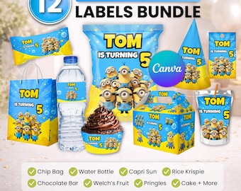 Paquete de recuerdos para fiesta de los Minions, decoración para fiesta de los Minions, decoración de cumpleaños, bolsa para papas fritas, etiqueta para botella de agua, envoltorio de chocolate, etiqueta Caprisun, caja Gabble