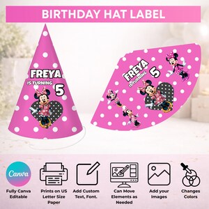 May include: Pink birthday hat label with white polka dots. The label features the text "FREYA IS TURNING 5" and a Minnie Mouse graphic. The design includes a heart-shaped graphic and additional Minnie Mouse illustrations. The top banner reads "BIRTHDAY HAT LABEL".