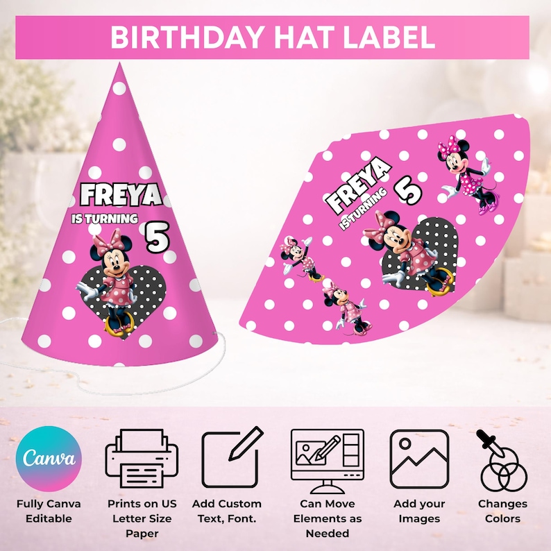 May include: Pink birthday hat label with white polka dots. The label features the text "FREYA IS TURNING 5" and a Minnie Mouse graphic. The design includes a heart-shaped graphic and additional Minnie Mouse illustrations. The top banner reads "BIRTHDAY HAT LABEL".