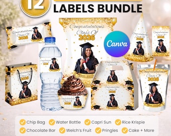 Paquete de recuerdos para fiesta de graduación, decoración para fiesta de graduación, decoración de cumpleaños, bolsa de papas fritas, etiqueta para botella de agua, envoltorio de chocolate, etiqueta para Caprisun