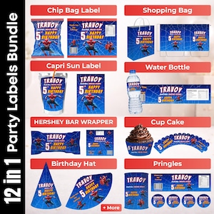Puede incluir: Un paquete de 12 en 1 etiquetas para fiestas con tem&aacute;tica de Spider-Man. Incluye etiquetas para bolsas de patatas fritas, bolsas de la compra, Capri Sun, botellas de agua, barras de Hershey, cupcakes, gorros de cumplea&ntilde;os y Pringles. Cada etiqueta tiene el texto "TRAVOY" y "Happy 5th Birthday".