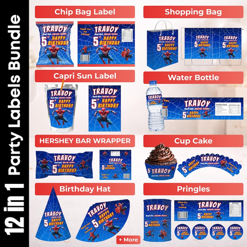 Puede incluir: Un paquete de 12 en 1 etiquetas para fiestas con tem&aacute;tica de Spider-Man. Incluye etiquetas para bolsas de patatas fritas, bolsas de la compra, Capri Sun, botellas de agua, barras de Hershey, cupcakes, gorros de cumplea&ntilde;os y Pringles. Cada etiqueta tiene el texto "TRAVOY" y "Happy 5th Birthday".