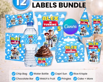 Paquete de recuerdos para fiesta de Toy Story, decoración para fiesta de Toy Story, decoración de cumpleaños, bolsa de papas fritas, etiqueta para botella de agua, envoltorio de chocolate, etiqueta para Capri-Sun