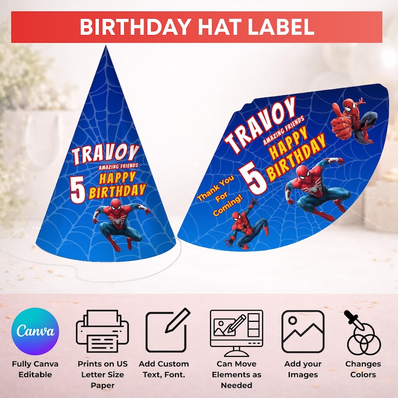 Puede incluir: Sombrero de cumplea&ntilde;os azul con dise&ntilde;o de telara&ntilde;a, con el texto "TRAVOY AMAZING FRIENDS HAPPY BIRTHDAY 5". Incluye un gr&aacute;fico de Spider-Man. El sombrero es un art&iacute;culo de fiesta para una celebraci&oacute;n de quinto cumplea&ntilde;os.