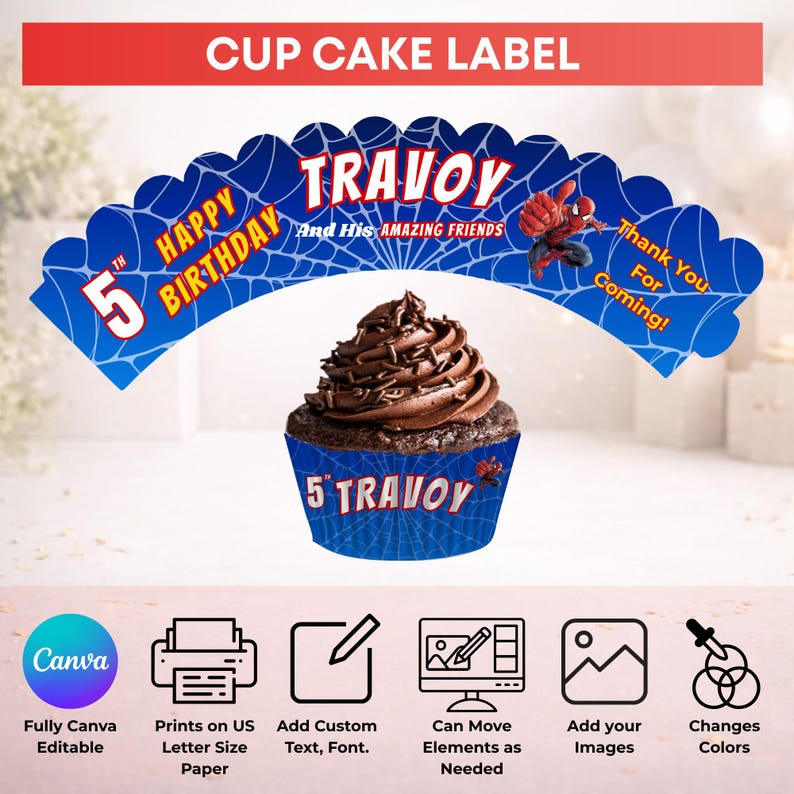 Puede incluir: Un cupcake con glaseado de chocolate y chispas, presentado en un envoltorio azul con tem&aacute;tica de Spider-Man. El envoltorio dice "5 TRAVOY" y "Happy Birthday". Una pancarta arriba dice "CUP CAKE LABEL".