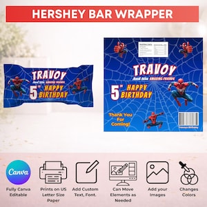 Puede incluir: Un envoltorio y plantilla de dise&ntilde;o de barra de chocolate Hershey azul con gr&aacute;ficos de Spider-Man. El envoltorio dice "Travoy and His Amazing Friends 5th Happy Birthday". El dise&ntilde;o incluye un fondo de telara&ntilde;a y el texto "Thank You For Coming!"