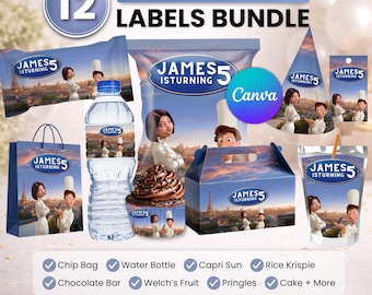 Paquete de recuerdos para fiestas de Ratatouille, decoración para fiestas de Ratatouille, decoración de cumpleaños, bolsa de papas fritas, etiqueta para botella de agua, envoltorio de chocolate, etiqueta para Capri-Sun.