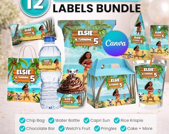 Paquete de recuerdos para fiesta de Moana, decoración para fiesta de Moana, decoración de cumpleaños, bolsa de papas fritas, etiqueta para botella de agua, envoltorio de chocolate, etiqueta para Capri-Sun