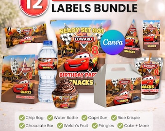 Paquete de recuerdos para fiesta de Cars, decoración para fiesta de Cars, decoración de cumpleaños, bolsa para papas fritas, etiqueta para botella de agua, envoltorio de chocolate, etiqueta Caprisun, caja Gabble