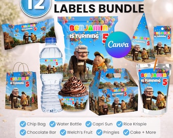 Paquete de recuerdos para fiestas de UP, decoración para fiestas de UP, decoración de cumpleaños, bolsa de papas fritas, etiqueta para botella de agua, envoltorio de chocolate, etiqueta para Capri-Sun