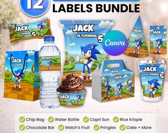 Paquete de recuerdos para fiesta de Sonic, decoración para fiesta de Sonic, decoración de cumpleaños, bolsa para papas fritas, etiqueta para botella de agua, envoltorio de chocolate, etiqueta Caprisun