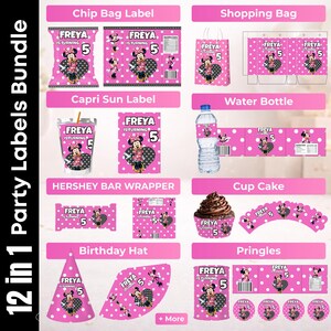 May include: A pink party labels bundle with Minnie Mouse graphics. Includes labels for chip bags, shopping bags, Capri Sun, water bottles, Hershey bars, cupcakes, birthday hats, and Pringles. The text reads "FREYA IS TURNING 5".