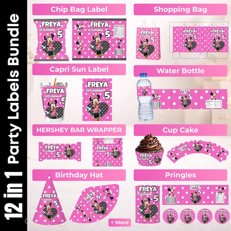 May include: A pink party labels bundle with Minnie Mouse graphics. Includes labels for chip bags, shopping bags, Capri Sun, water bottles, Hershey bars, cupcakes, birthday hats, and Pringles. The text reads "FREYA IS TURNING 5".
