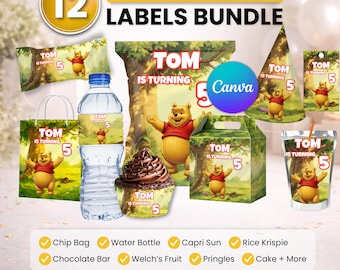 Paquete de recuerdos para fiestas de Winnie the Pooh, decoración para fiestas de Winnie the Pooh, decoración de cumpleaños, bolsa de papas fritas, etiqueta para botella de agua, envoltorio de chocolate