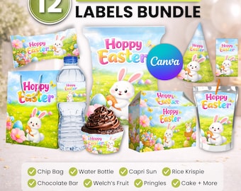 Paquete de fiesta de Pascua 12 en 1, bolsa de papas fritas de Pascua, obsequio de cumpleaños, recuerdo de cumpleaños, fiesta de cumpleaños, obsequio de fiesta, envoltorio de bolsas, plantillas para fiesta de Pascua