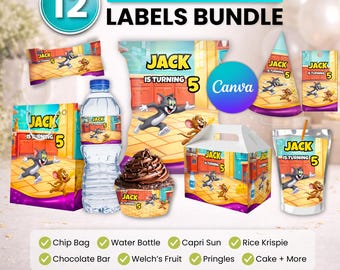 Paquete de recuerdos para fiesta de Tom y Jerry, decoración para fiesta de Tom y Jerry, decoración de cumpleaños, bolsa para papas fritas, etiqueta para botella de agua, envoltorio de chocolate, etiqueta Caprisun