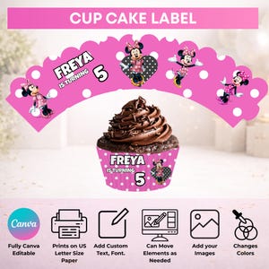 May include: Pink cupcake wrappers and toppers with white polka dots, Minnie Mouse illustrations, and the text "FREYA IS TURNING 5." A chocolate cupcake sits in the center. The top banner reads "CUP CAKE LABEL."