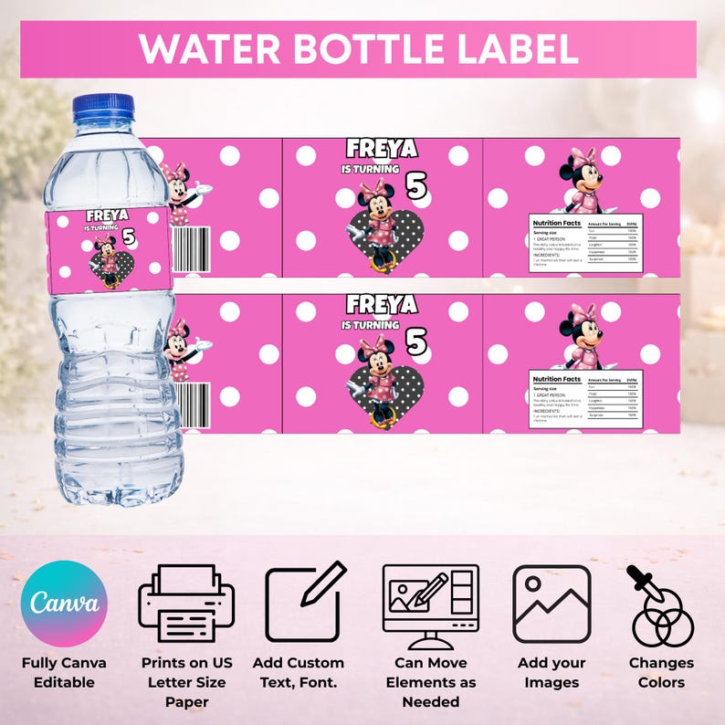 May include: A water bottle with a pink label featuring a Minnie Mouse design, the text "FREYA IS TURNING 5", and white polka dots. The label also includes a barcode and nutrition facts. The image also shows Canva editing options.
