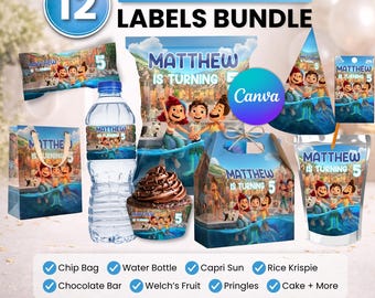 Paquete de recuerdos para fiestas de Luca, decoración para fiestas de Luca, decoración de cumpleaños, bolsa de papas fritas, etiqueta para botella de agua, envoltorio de chocolate, etiqueta para Caprisun