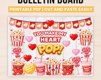 Tableros de anuncios para el Día de San Valentín con texto "You Make My Heart Pop" / Decoración para puertas de aula con temática de palomitas de maíz / Manualidad fotográfica para estudiantes / Febrero
