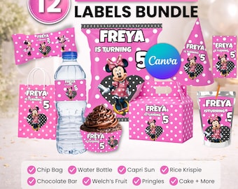 Paquete de recuerdos para fiestas de Minnie Mouse, decoración para fiestas de Minnie Mouse, decoración de cumpleaños, bolsa de papas fritas, etiqueta para botella de agua, envoltorio de chocolate, etiqueta para Capri-Sun