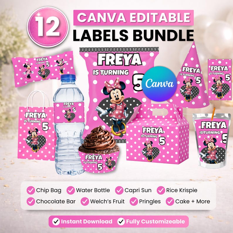 May include: A pink Canva editable labels bundle for a 5th birthday party. The bundle includes labels for chip bags, water bottles, Capri Suns, and more. The labels feature a Minnie Mouse design and the name "FREYA".