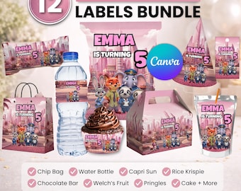 Paquete de recuerdos de fiesta rosa de Zootopia, decoración de fiesta rosa de Zootopia, decoración de cumpleaños, bolsa de papas fritas, etiqueta para botella de agua, envoltorio de chocolate, etiqueta de Caprisun
