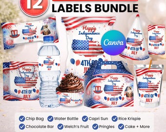 Paquete de recuerdos para fiestas del Día de la Independencia de Estados Unidos, decoración para fiestas del Día de la Independencia de Estados Unidos, decoración de cumpleaños, bolsa de papas fritas, etiqueta para botella de agua, 4 de julio