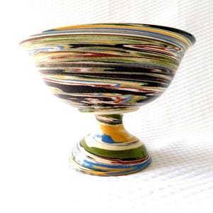 May include: A colorful, handcrafted pedestal bowl with a wide, flared rim. The bowl features a swirl pattern of various colors, including green, blue, yellow, and black. The base is a matching swirl pattern. This decorative bowl is ideal for displaying fruit or as a centerpiece.
