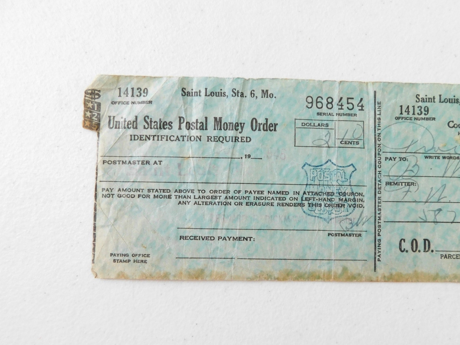 1946 U.S. Postal Money Order Not Cashed Etsy